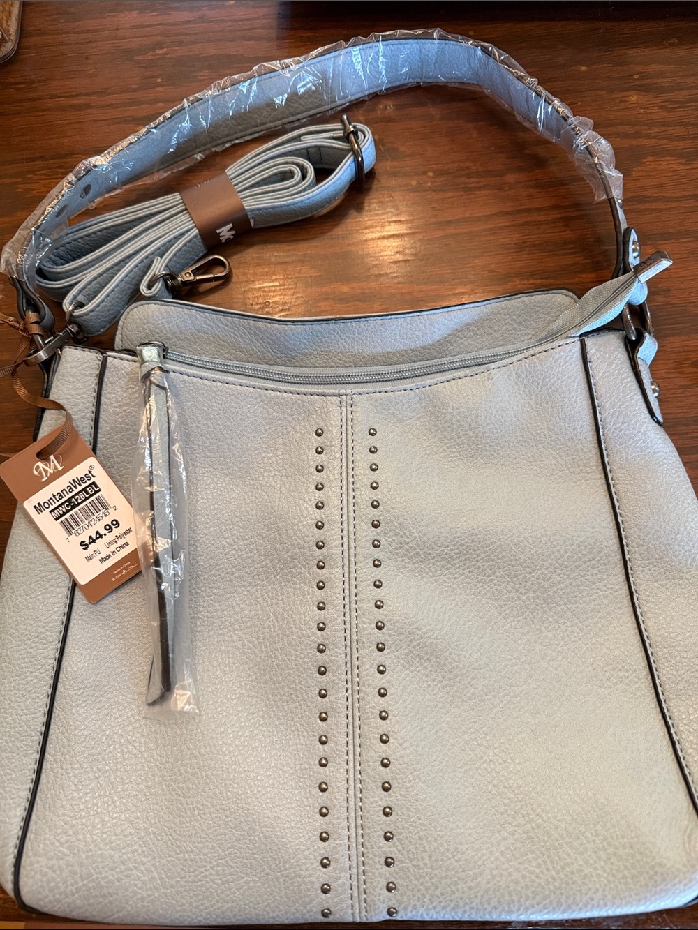Montana West Light Gray Studded Hobo Shoulder Bag with Crossbody Strap
